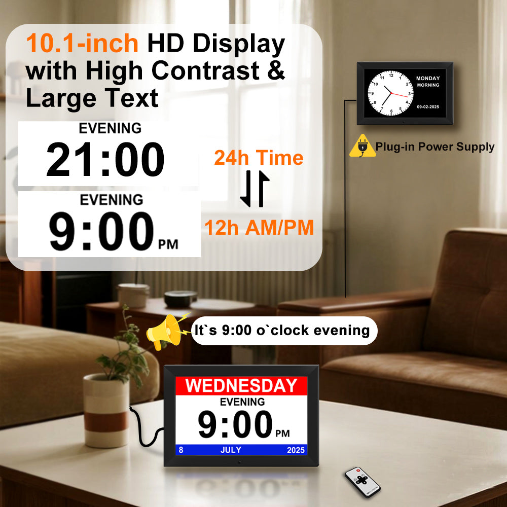 Digital Alarm Clock for Seniors - No-Abbreviation Date HD Display/Auto Dimming/Photo Frame/White Noise/Multi-Language/DST Adjustment, Thoughtful Gift for Elders