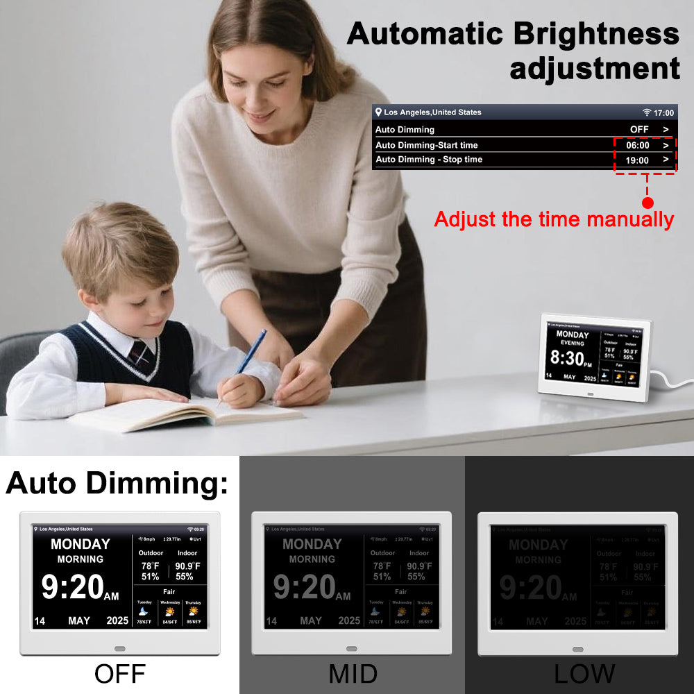 2025 New WiFi Digital Day Clock for Seniors, Auto Time Sync with Day and Date, Large Display, Custom Alarms & Medication Reminders, Ideal for Elderly and Memory Loss (7-Inch)