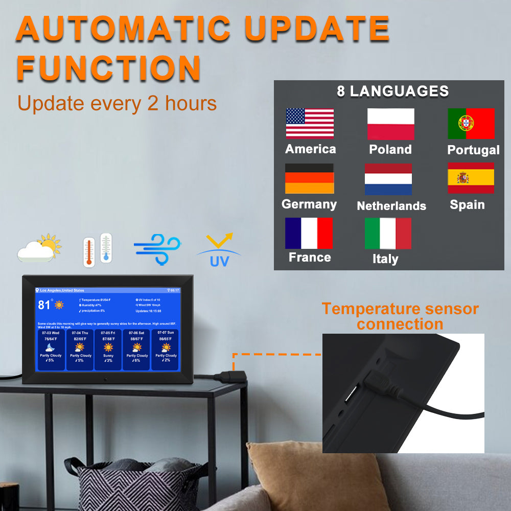 10.1inch Digtial Calendar Clock with Day and Date Alarm Clock with Weather Temperature Humidify Alzheimers Elderly Auto Dimmable 8 Alarm Options