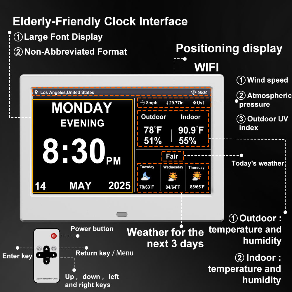 2025 New WiFi Digital Day Clock for Seniors, Auto Time Sync with Day and Date, Large Display, Custom Alarms & Medication Reminders, Ideal for Elderly and Memory Loss (7-Inch)