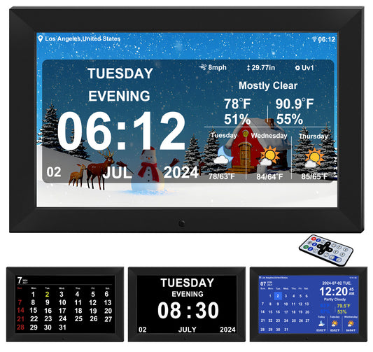 10.1inch Digtial Calendar Clock with Day and Date Alarm Clock with Weather Temperature Humidify Alzheimers Elderly Auto Dimmable 8 Alarm Options