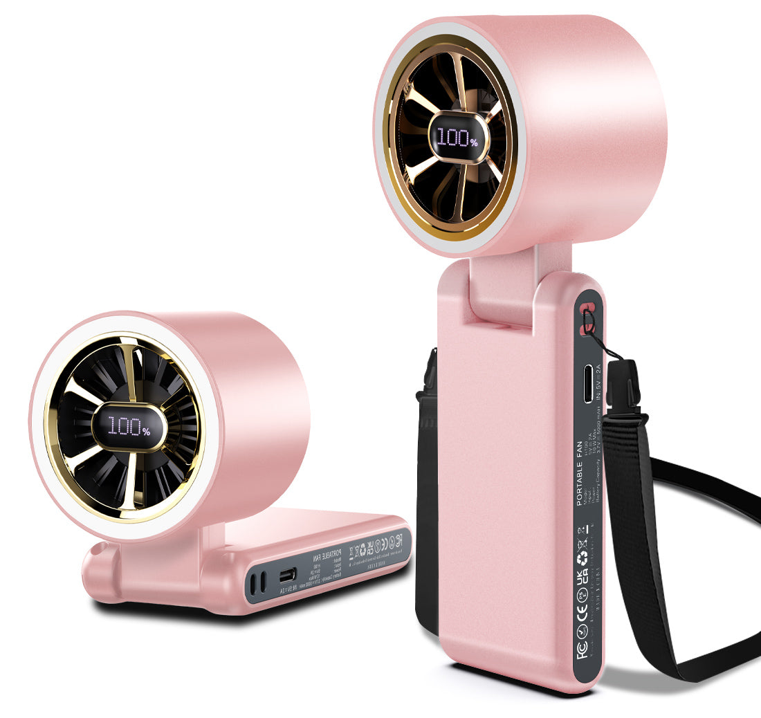 CAZOKASI Portable Handheld Fan, Brushless Motor, 5000mAh,  Up to 22H Cooling, 5 Speeds, Type-C Charging, 0.18kg,Foldable Pocket Size, LED Display & Ambient Light, for Travel/Makeup/Festival/Gift