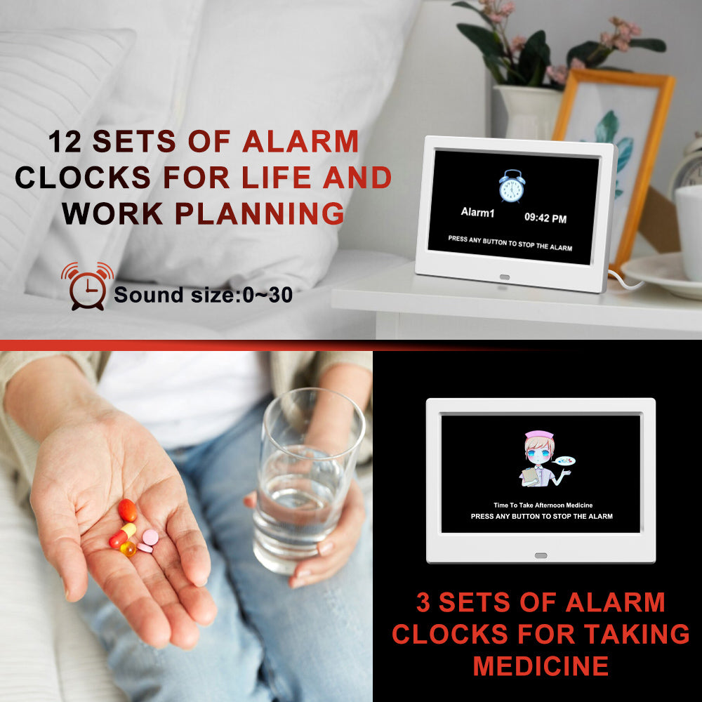 CAZOKASI Alarm Clock with Day and Date for Elderly 7inch Digital Calendar Clock Photo Frame- Auto Dimmable Display 15 Alarm Options, Clock with Non-Abbreviated Day & Month