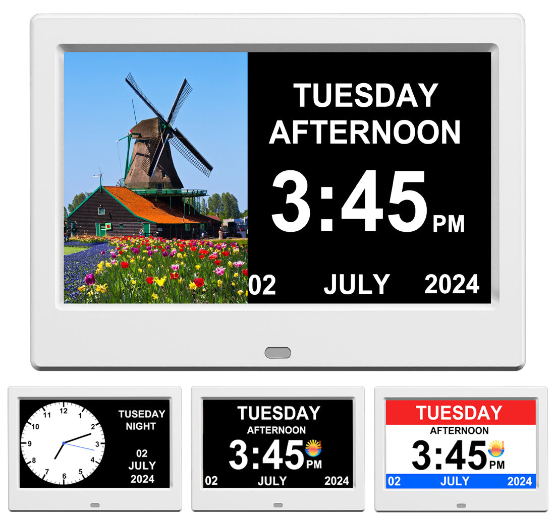 CAZOKASI Alarm Clock with Day and Date for Elderly 7inch Digital Calendar Clock Photo Frame- Auto Dimmable Display 15 Alarm Options, Clock with Non-Abbreviated Day & Month