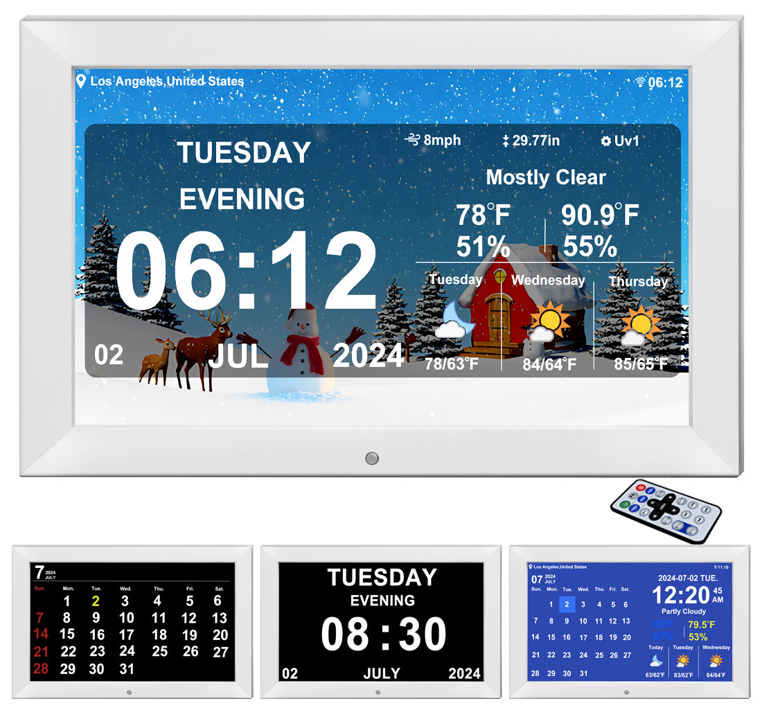 10.1inch Digtial Calendar Clock with Day and Date Alarm Clock with Weather Temperature Humidify Alzheimers Elderly Auto Dimmable 8 Alarm Options