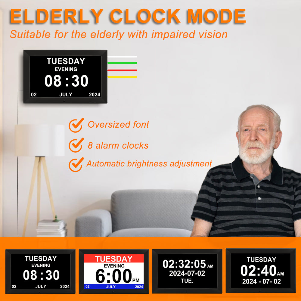 10.1inch Digtial Calendar Clock with Day and Date Alarm Clock with Weather Temperature Humidify Alzheimers Elderly Auto Dimmable 8 Alarm Options