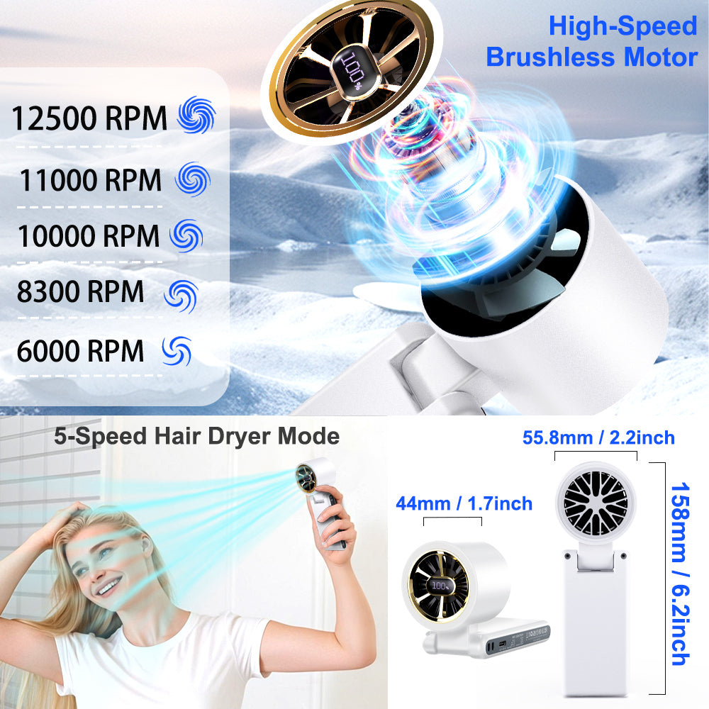 CAZOKASI Portable Handheld Fan, Brushless Motor, 5000mAh,  Up to 22H Cooling, 5 Speeds, Type-C Charging, 0.18kg,Foldable Pocket Size, LED Display & Ambient Light, for Travel/Makeup/Festival/Gift