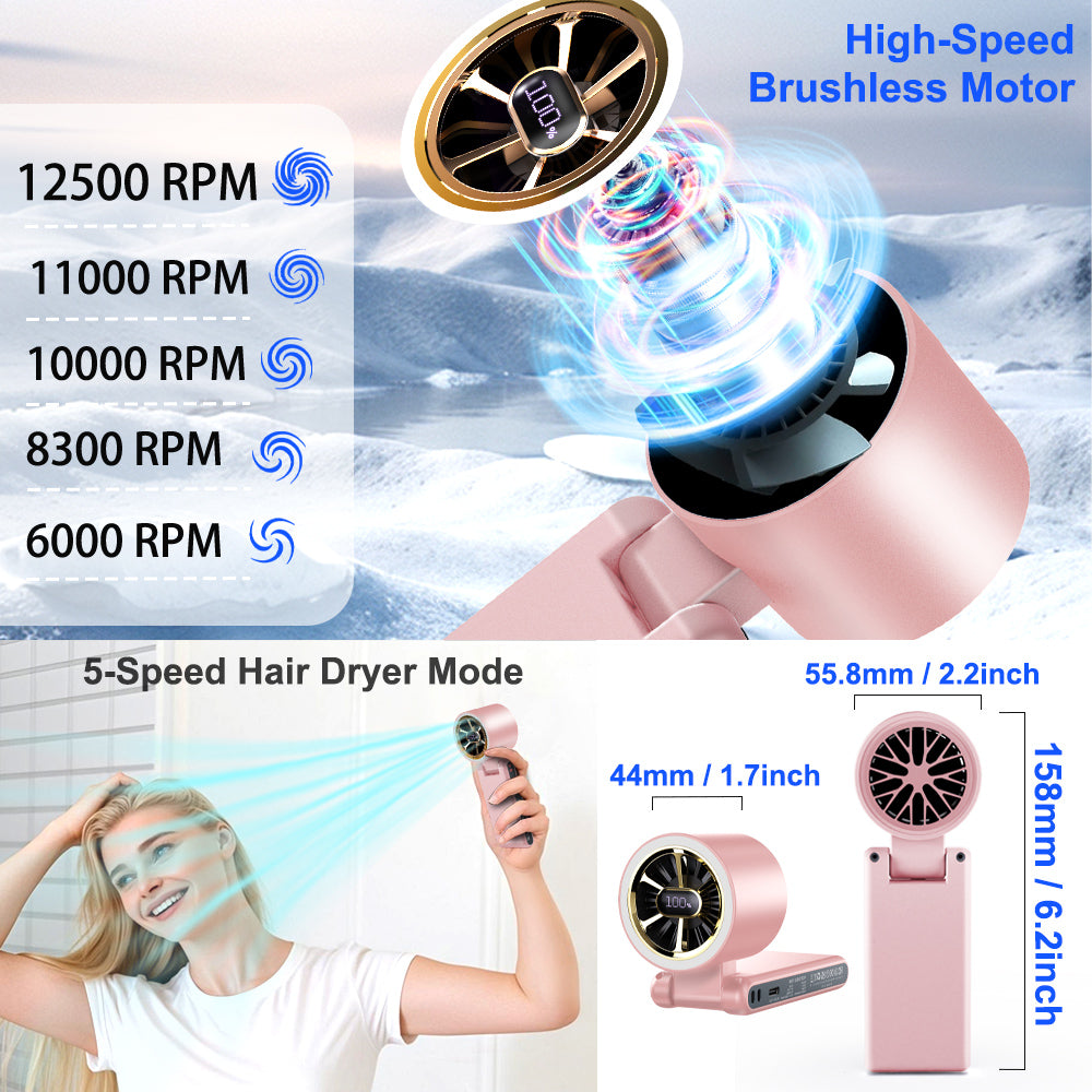 CAZOKASI Portable Handheld Fan, Brushless Motor, 5000mAh,  Up to 22H Cooling, 5 Speeds, Type-C Charging, 0.18kg,Foldable Pocket Size, LED Display & Ambient Light, for Travel/Makeup/Festival/Gift