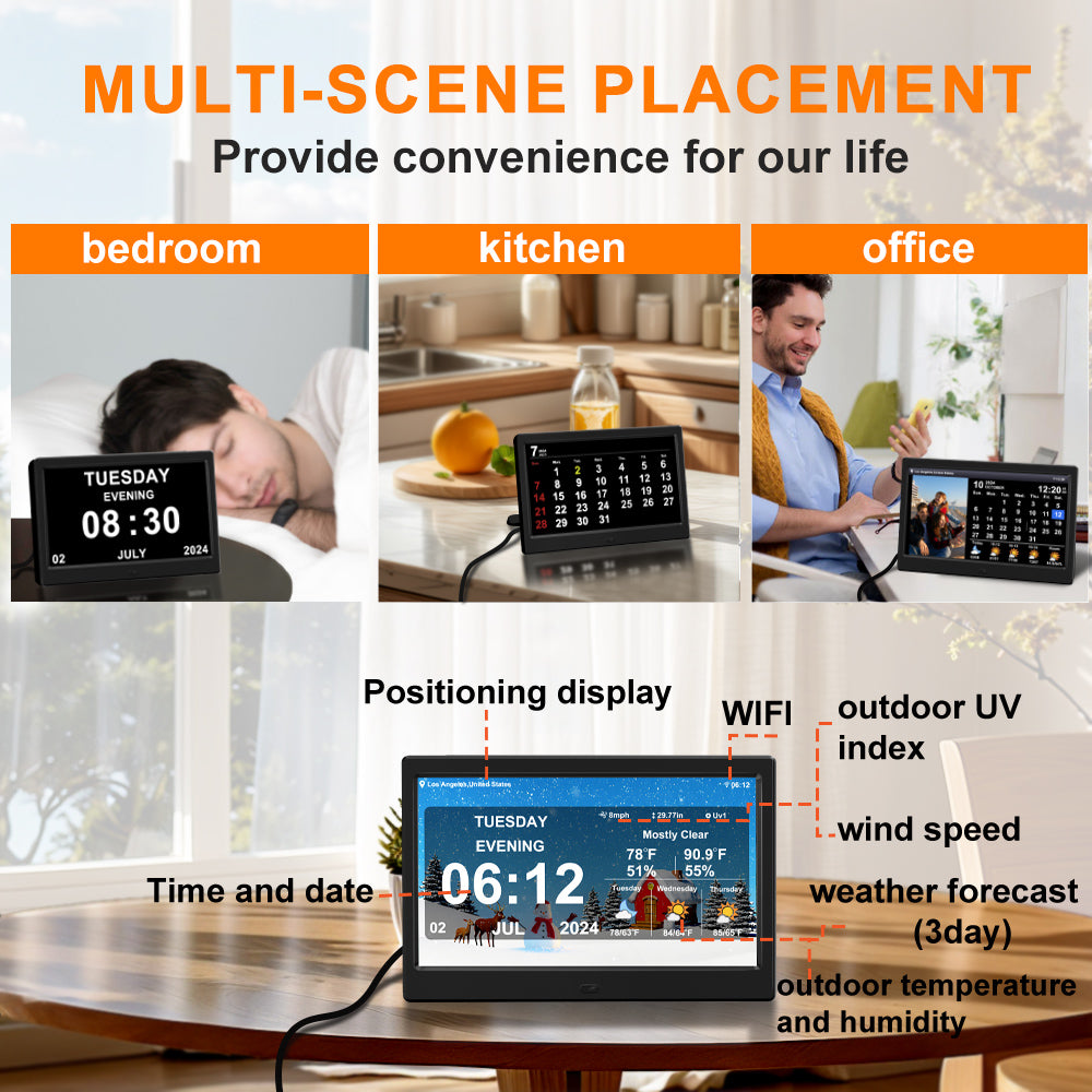 WiFi Digtial Calendar Clock with Day and Date Alarm Clock with Weather Temperature Humidify Alzheimers Clock for Elderly Auto Dimmable 8 Alarm Options (10.1 Inch )