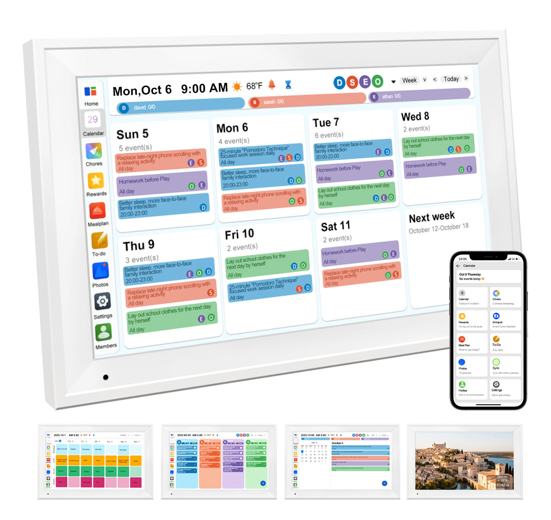 Smart Digital Calendar Family Planner Chore Chart HD Touchscreen Meal Planner & Photo Display Syncs with Online Calendars Includes Desk Stand & Wall Mount (Digital Calendar - White)