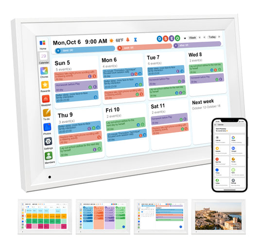 Smart Digital Calendar Family Planner Chore Chart HD Touchscreen Meal Planner & Photo Display Syncs with Online Calendars Includes Desk Stand & Wall Mount (Digital Calendar - White)