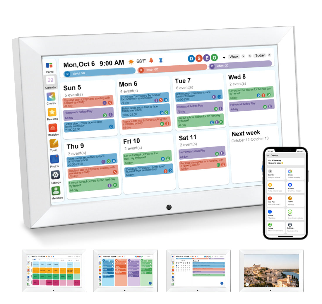 Smart Digital Calendar Family Planner Chore Chart HD Touchscreen Meal Planner & Photo Display Syncs with Online Calendars Includes Desk Stand & Wall Mount (Digital Calendar - White)