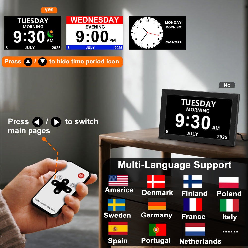Digital Alarm Clock for Seniors - No-Abbreviation Date HD Display/Auto Dimming/Photo Frame/White Noise/Multi-Language/DST Adjustment, Thoughtful Gift for Elders