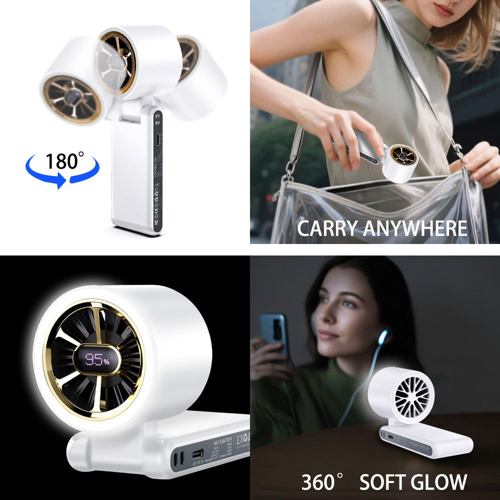 CAZOKASI Portable Handheld Fan, Brushless Motor, 5000mAh,  Up to 22H Cooling, 5 Speeds, Type-C Charging, 0.18kg,Foldable Pocket Size, LED Display & Ambient Light, for Travel/Makeup/Festival/Gift