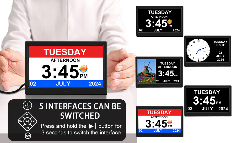 CAZOKASI Alarm Clock with Day and Date for Elderly 10inch Digital Calendar Clock Photo Frame- Auto Dimmable Display 15 Alarm Options, Clock with Non-Abbreviated Day & Month