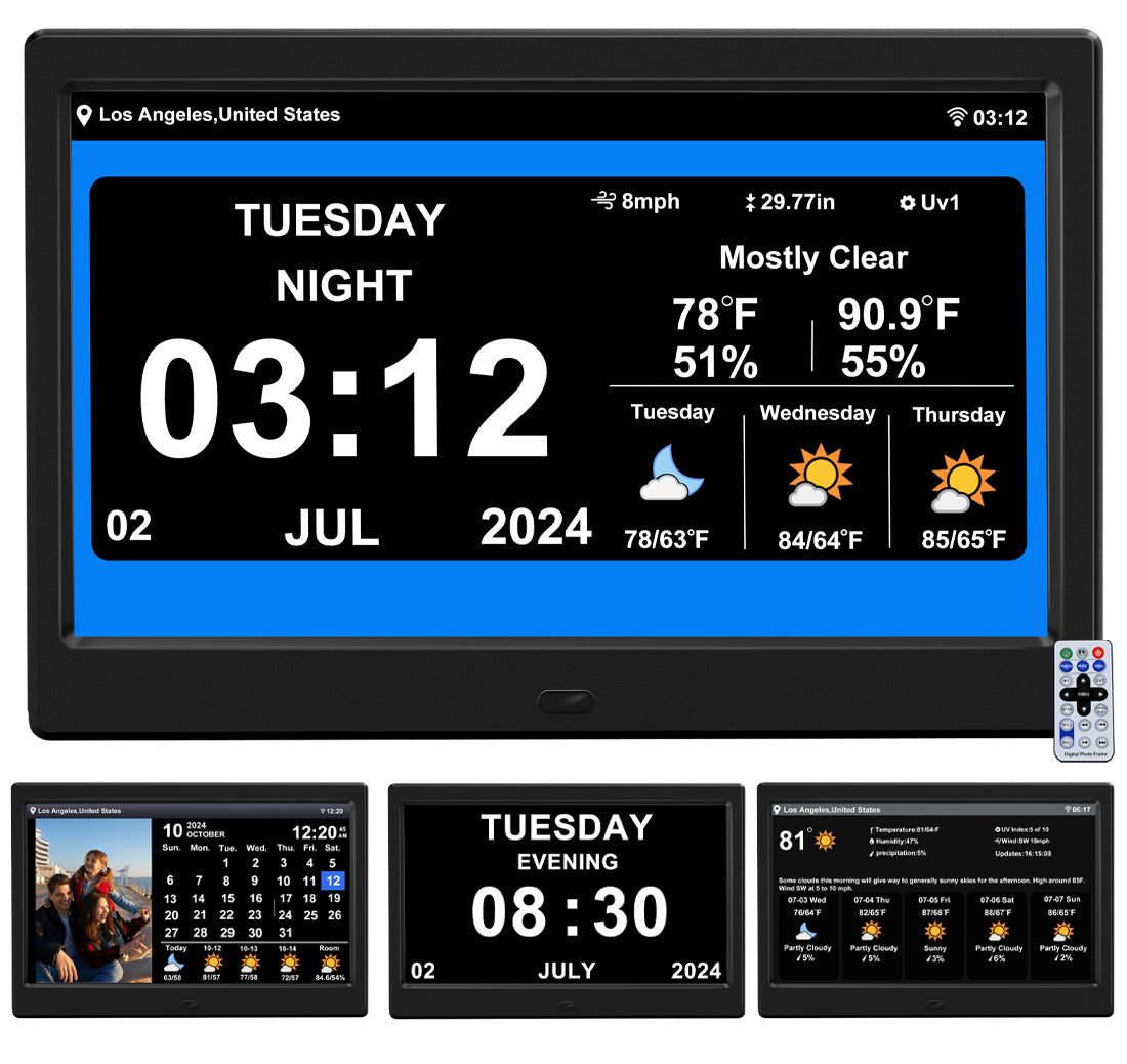 WiFi Digtial Calendar Clock with Day and Date Alarm Clock with Weather Temperature Humidify Alzheimers Clock for Elderly Auto Dimmable 8 Alarm Options (10.1 Inch )