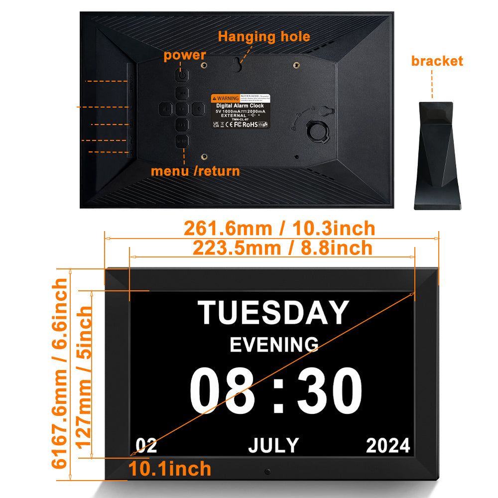 10.1inch Digtial Calendar Clock with Day and Date Alarm Clock with Weather Temperature Humidify Alzheimers Elderly Auto Dimmable 8 Alarm Options