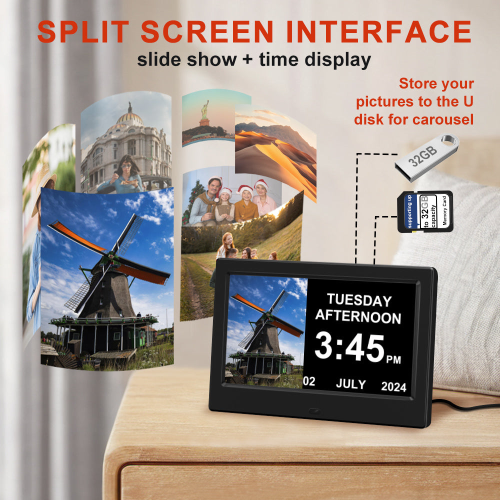 CAZOKASI Alarm Clock with Day and Date for Elderly 7inch Digital Calendar Clock Photo Frame- Auto Dimmable Display 15 Alarm Options, Clock with Non-Abbreviated Day & Month