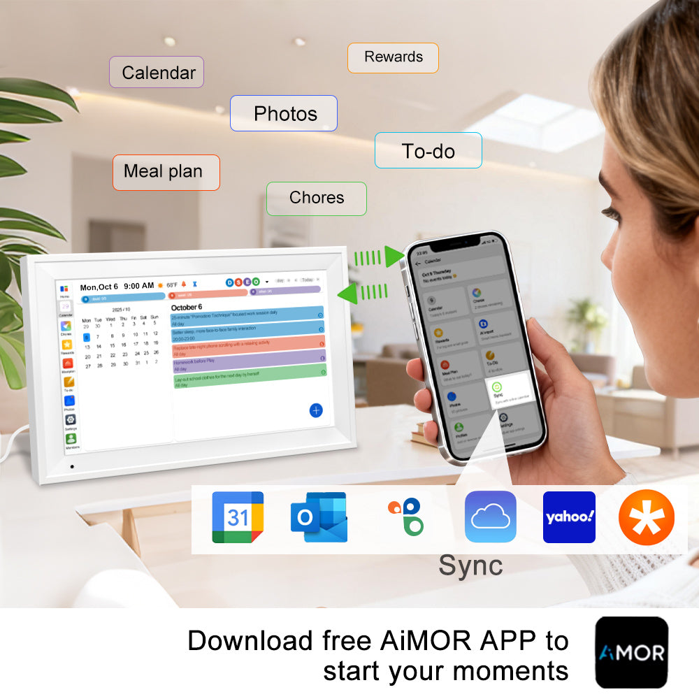 Smart Digital Calendar Family Planner Chore Chart HD Touchscreen Meal Planner & Photo Display Syncs with Online Calendars Includes Desk Stand & Wall Mount (Digital Calendar - White)