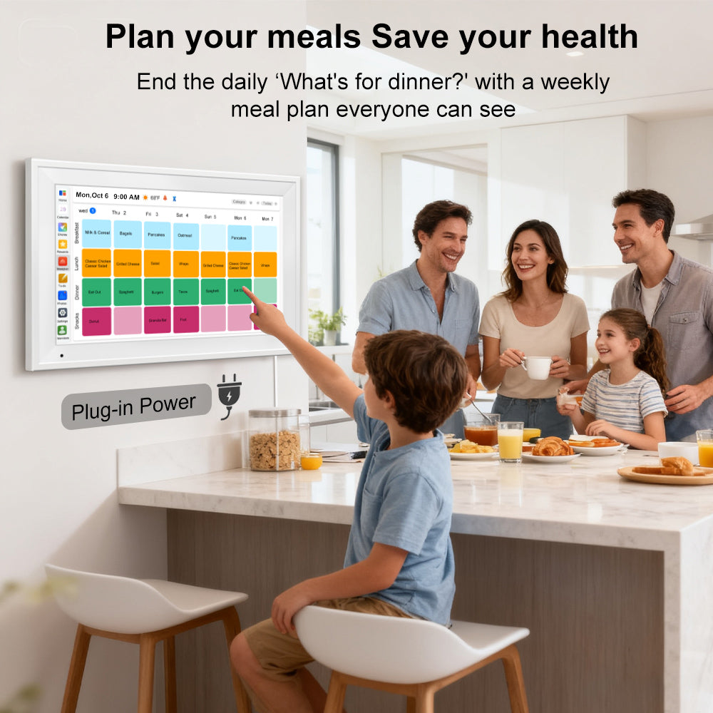 Smart Digital Calendar Family Planner Chore Chart HD Touchscreen Meal Planner & Photo Display Syncs with Online Calendars Includes Desk Stand & Wall Mount (Digital Calendar - White)