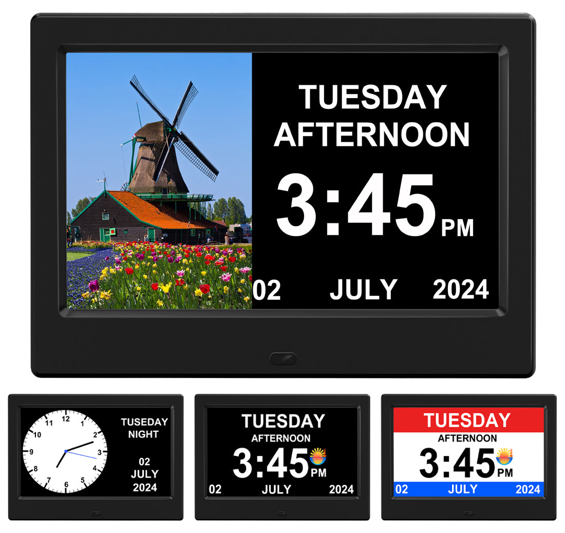 CAZOKASI Alarm Clock with Day and Date for Elderly 7inch Digital Calendar Clock Photo Frame- Auto Dimmable Display 15 Alarm Options, Clock with Non-Abbreviated Day & Month