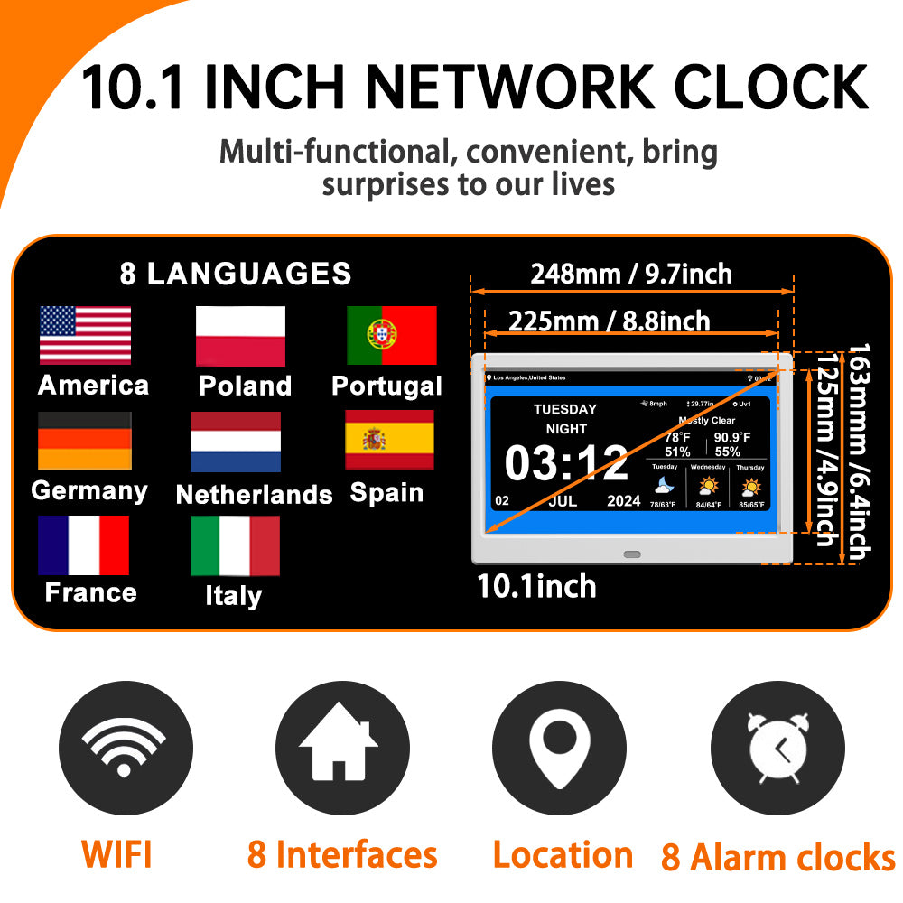 WiFi Digtial Calendar Clock with Day and Date Alarm Clock with Weather Temperature Humidify Alzheimers Clock for Elderly Auto Dimmable 8 Alarm Options (10.1 Inch )