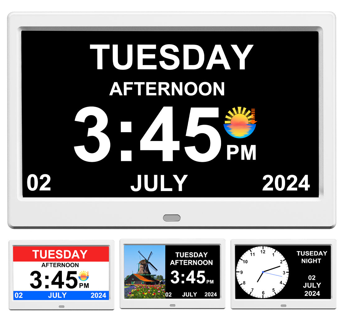CAZOKASI Alarm Clock with Day and Date for Elderly 10inch Digital Calendar Clock Photo Frame- Auto Dimmable Display 15 Alarm Options, Clock with Non-Abbreviated Day & Month