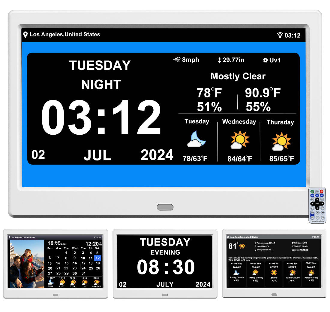 WiFi Digtial Calendar Clock with Day and Date Alarm Clock with Weather Temperature Humidify Alzheimers Clock for Elderly Auto Dimmable 8 Alarm Options (10.1 Inch )