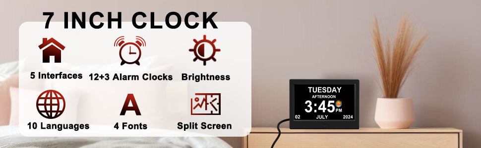 CAZOKASI Alarm Clock with Day and Date for Elderly 7inch Digital Calendar Clock Photo Frame- Auto Dimmable Display 15 Alarm Options, Clock with Non-Abbreviated Day & Month
