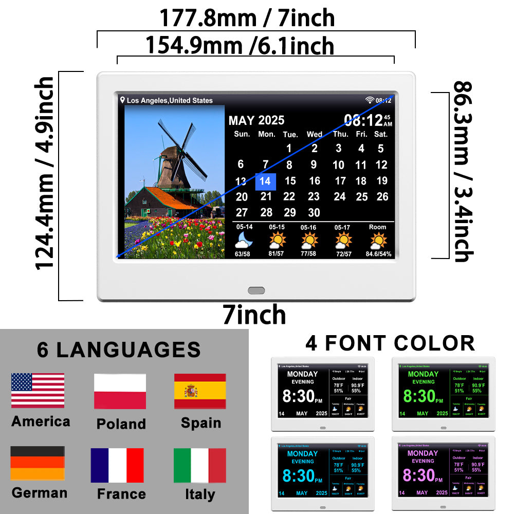 2025 New WiFi Digital Day Clock for Seniors, Auto Time Sync with Day and Date, Large Display, Custom Alarms & Medication Reminders, Ideal for Elderly and Memory Loss (7-Inch)