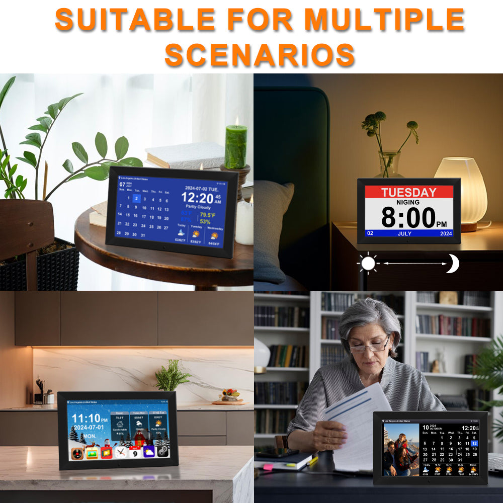 10.1inch Digtial Calendar Clock with Day and Date Alarm Clock with Weather Temperature Humidify Alzheimers Elderly Auto Dimmable 8 Alarm Options