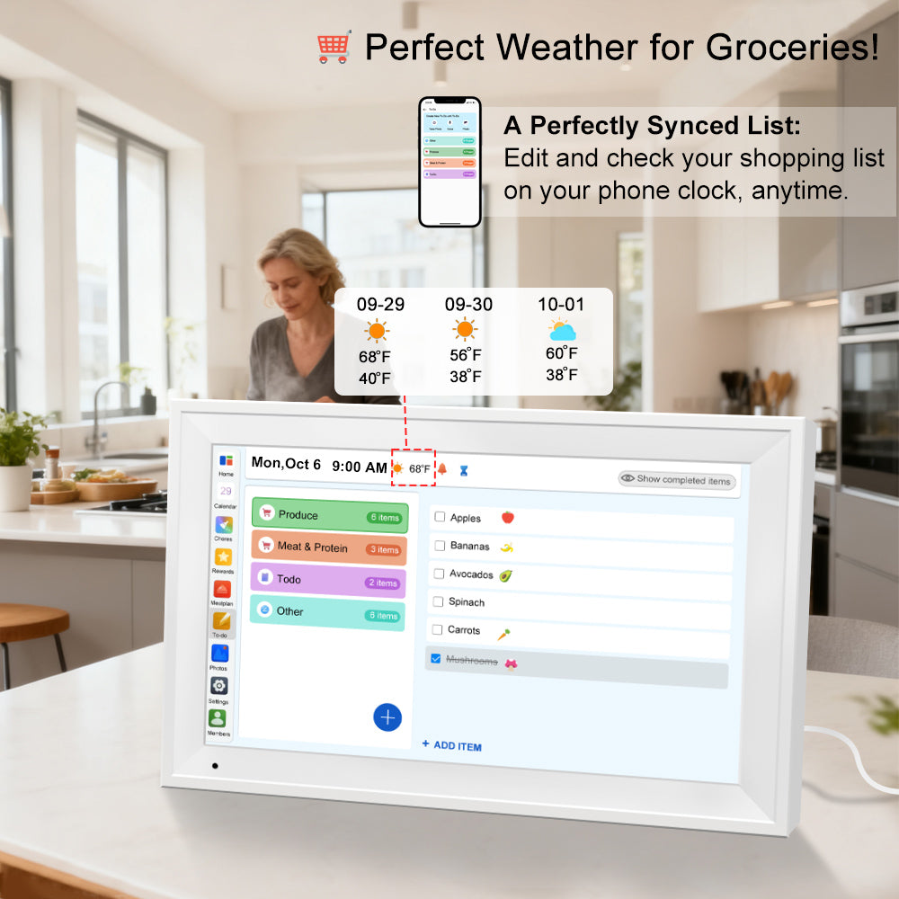 Smart Digital Calendar Family Planner Chore Chart HD Touchscreen Meal Planner & Photo Display Syncs with Online Calendars Includes Desk Stand & Wall Mount (Digital Calendar - White)