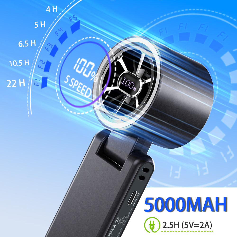 CAZOKASI Portable Handheld Fan, Brushless Motor, 5000mAh,  Up to 22H Cooling, 5 Speeds, Type-C Charging, 0.18kg,Foldable Pocket Size, LED Display & Ambient Light, for Travel/Makeup/Festival/Gift