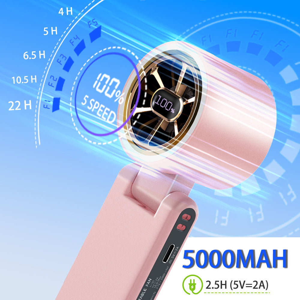 CAZOKASI Portable Handheld Fan, Brushless Motor, 5000mAh,  Up to 22H Cooling, 5 Speeds, Type-C Charging, 0.18kg,Foldable Pocket Size, LED Display & Ambient Light, for Travel/Makeup/Festival/Gift