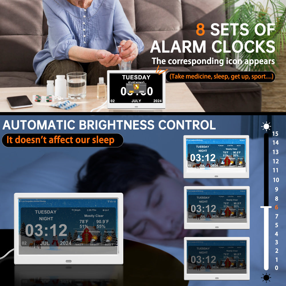 WiFi Digtial Calendar Clock with Day and Date Alarm Clock with Weather Temperature Humidify Alzheimers Clock for Elderly Auto Dimmable 8 Alarm Options (10.1 Inch )