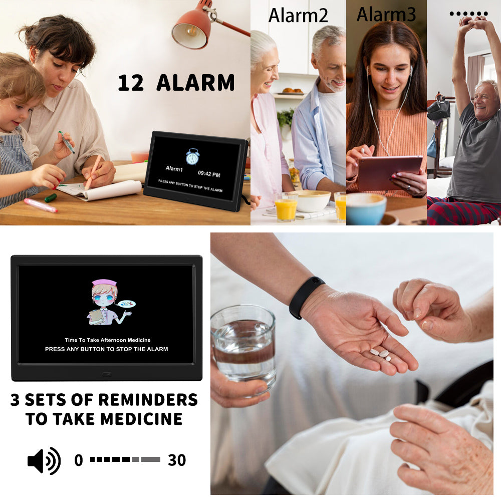 CAZOKASI Alarm Clock with Day and Date for Elderly 10inch Digital Calendar Clock Photo Frame- Auto Dimmable Display 15 Alarm Options, Clock with Non-Abbreviated Day & Month